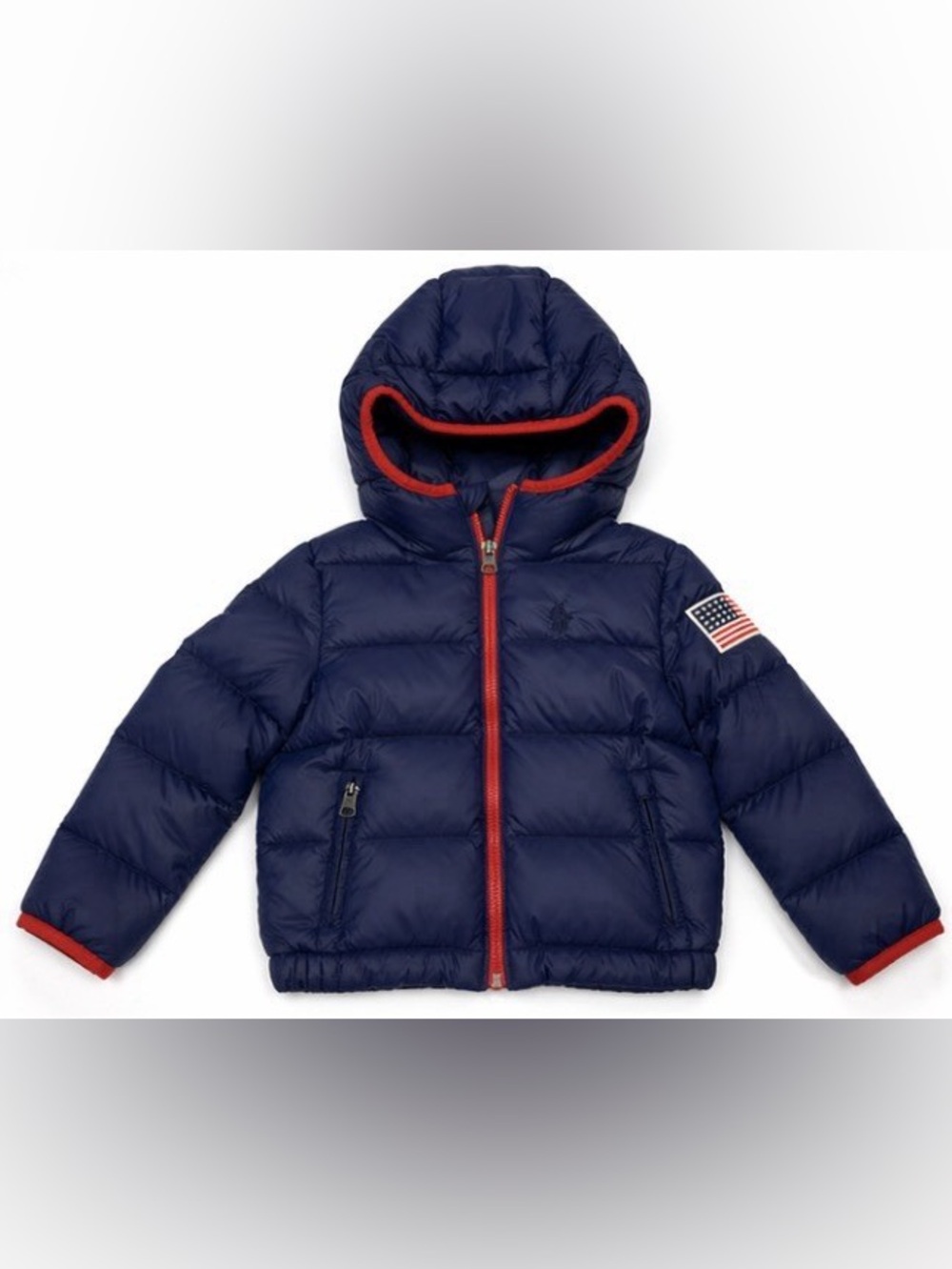 Polo Ralph Lauren Little Boys Sz 6 Down Puffer Jacket Navy Red Hooded USA Flag